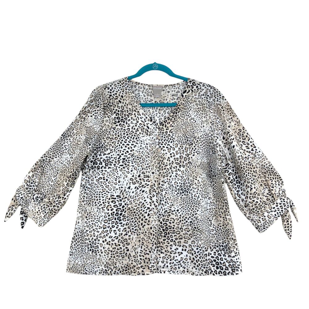 Chicos Womens Size 1 US 8 M Animal Print Top Blouse Sleeve Ties V Neck Polyester